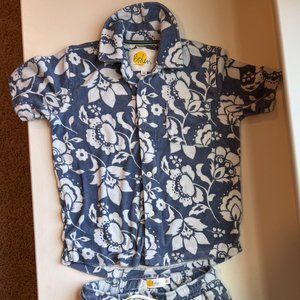 Mini Boden Boys 8y Terrycloth Shirt/Shorts set (flowers)